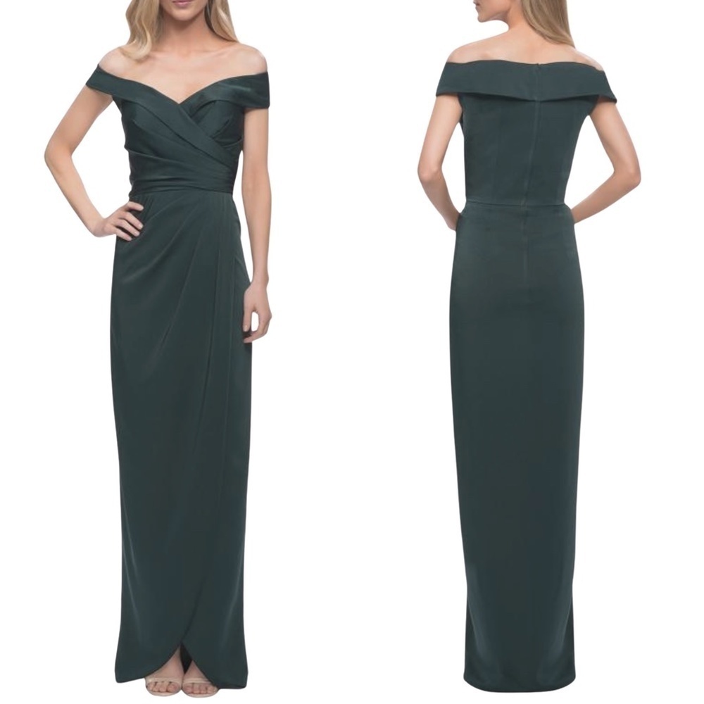 NEW La Femme 25206 Off Shoulder Ruched Draped Tulip Gown in Emerald Sz. 4